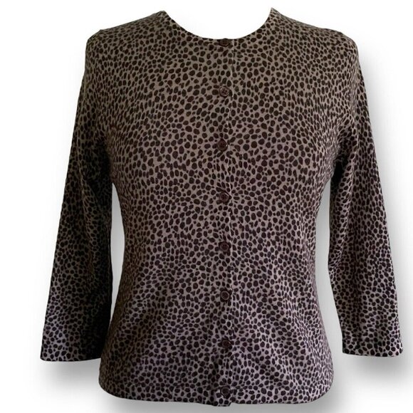 Garnet Hill Womens Signature Merino Cardigan Sz S Taupe Black Animal Print Wool - Picture 1 of 6
